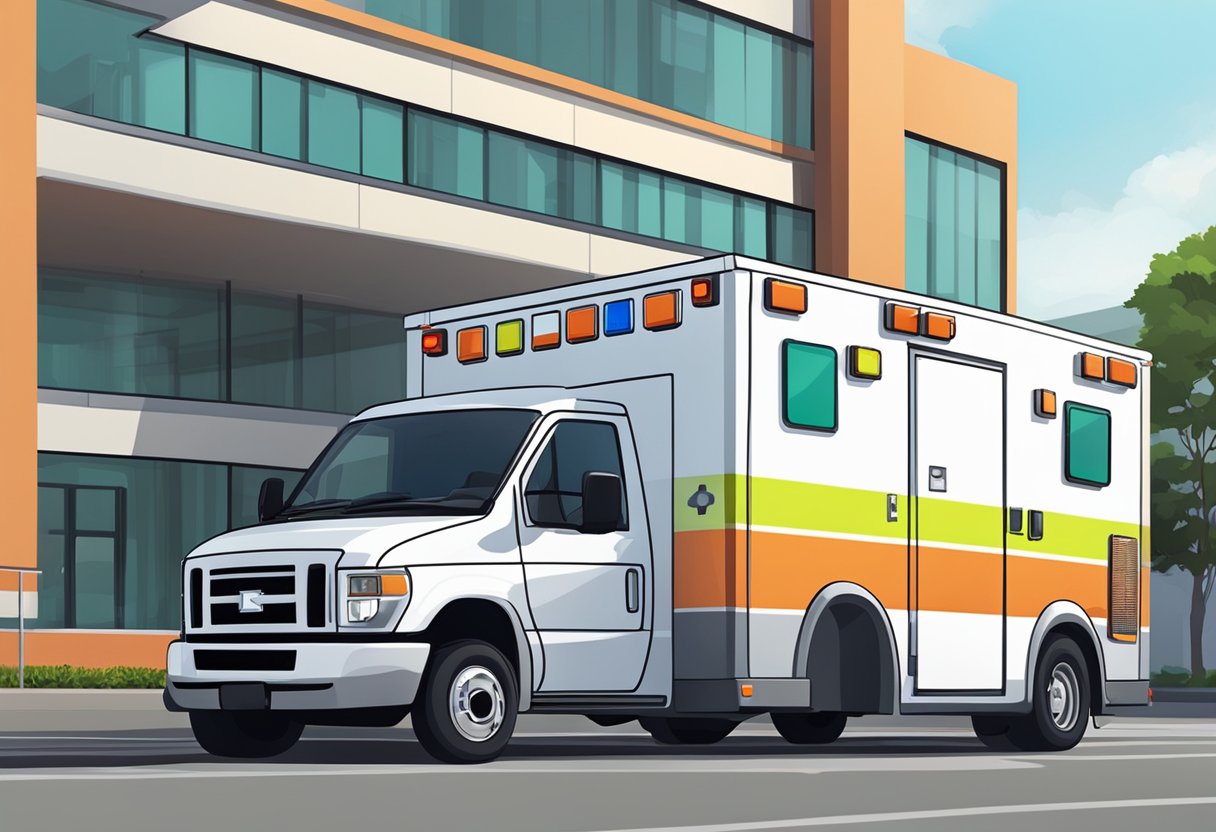 A bright and modern ambulance parked outside a hospital, with a paramedic loading medical equipment into the vehicle