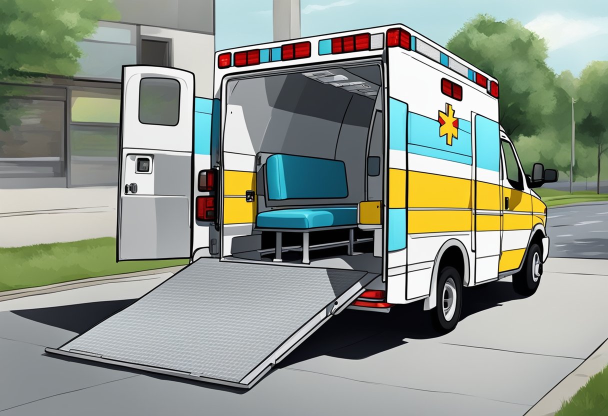 An ambulance parked in reverse with open back doors, equipment visible