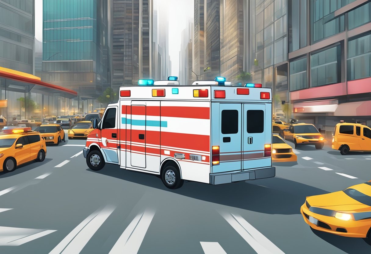 An ambulance driving in reverse, with its lights flashing and siren blaring, navigating through traffic