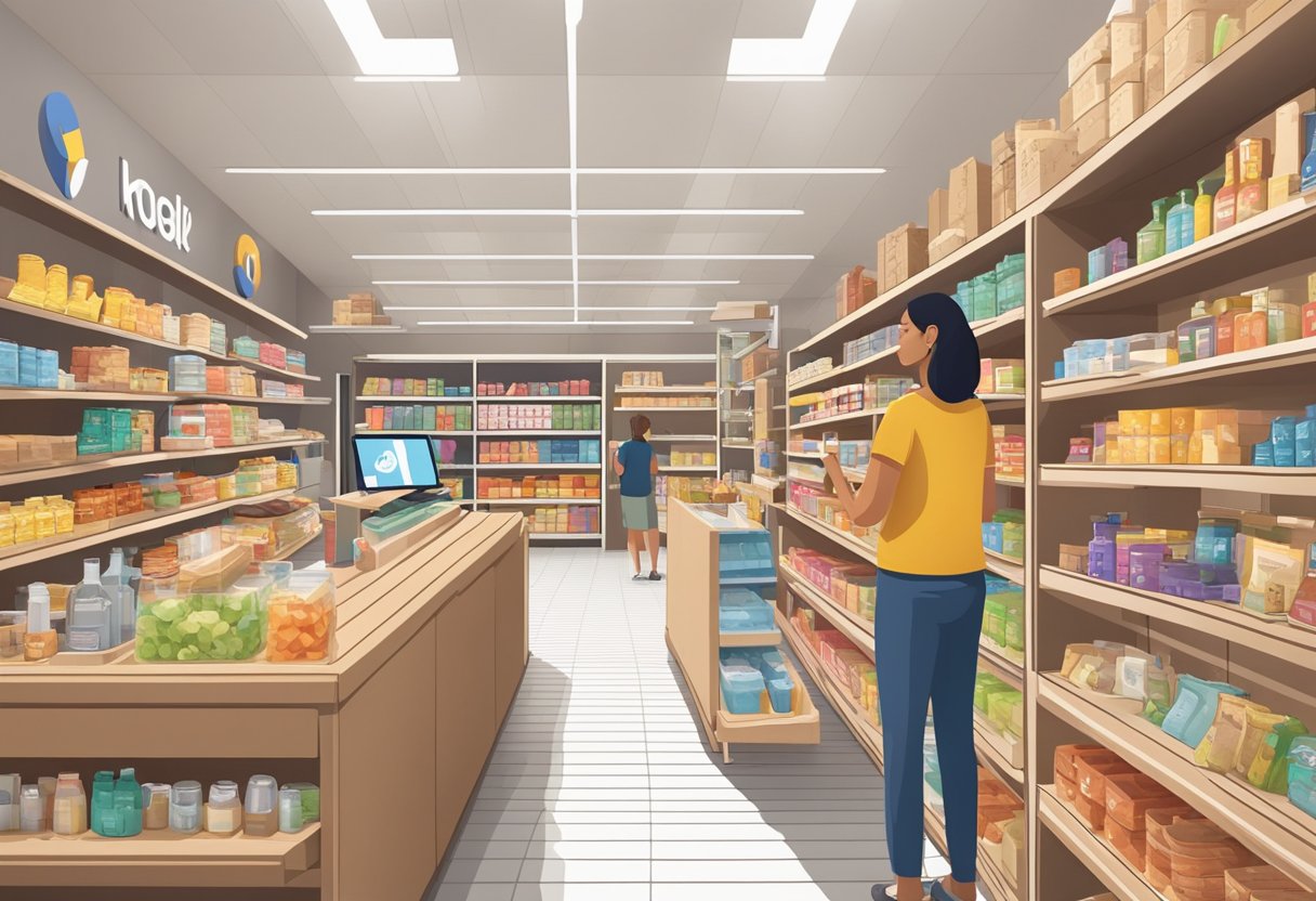 A store interior with shelves of various products, a prominent Google Maps logo displayed, and a customer using a mobile device to view the store's offerings