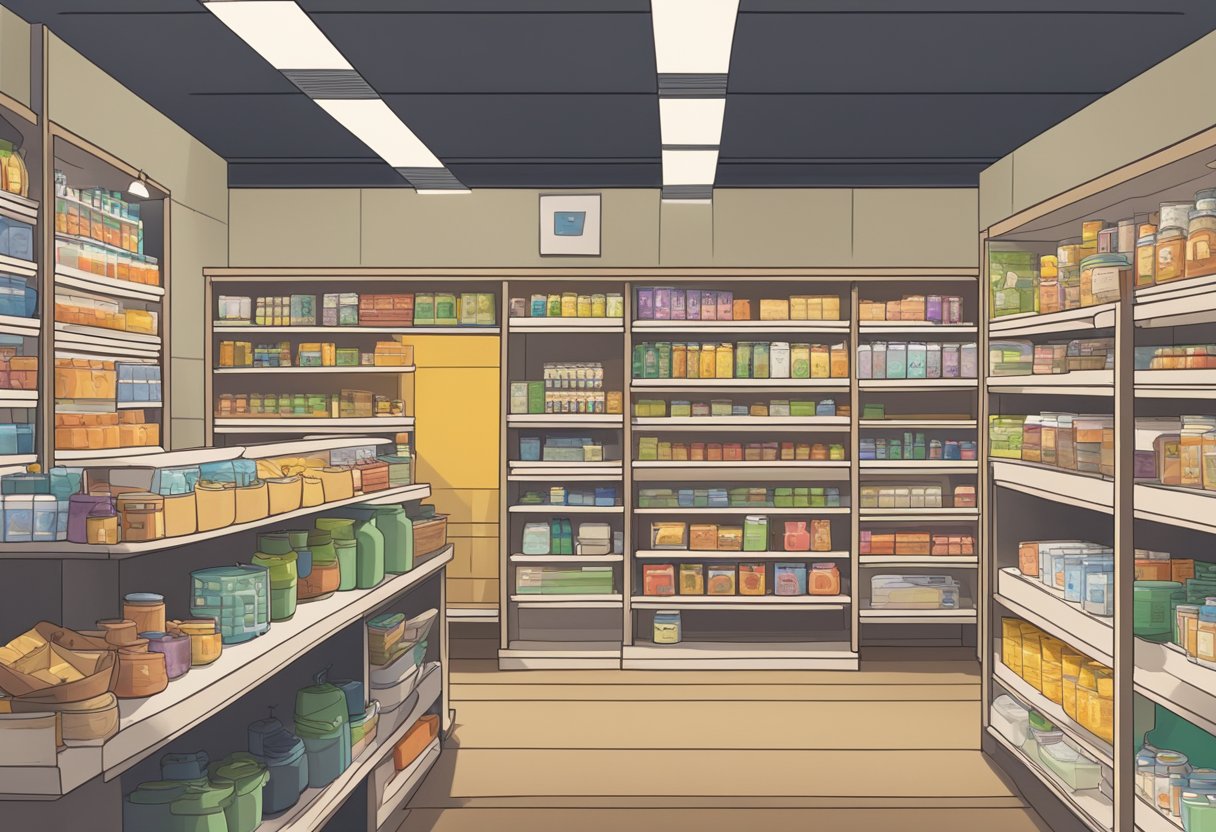 Local products displayed on shelves in a store, with Google Maps on a nearby screen showing the store's location