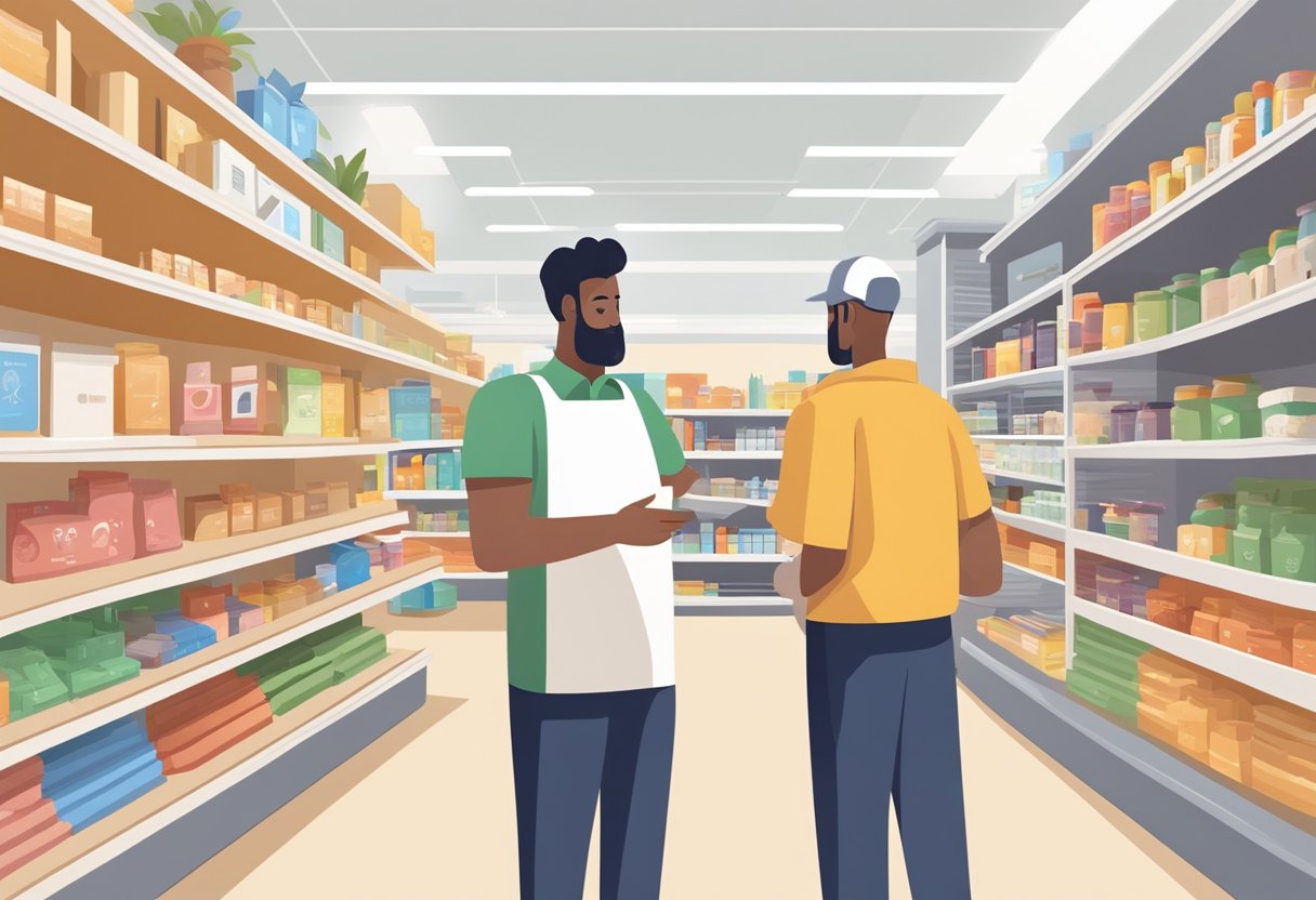 A store owner points to products on shelves, while a Google Maps icon hovers nearby. The store is bright and welcoming, with clear signage