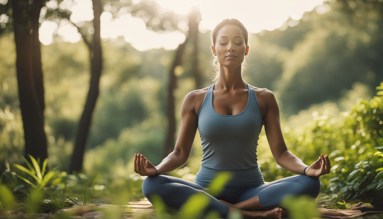 A person doing yoga in a peaceful outdoor setting, surrounded by nature and calmness. The scene depicts relaxation and detoxification through movement and rest