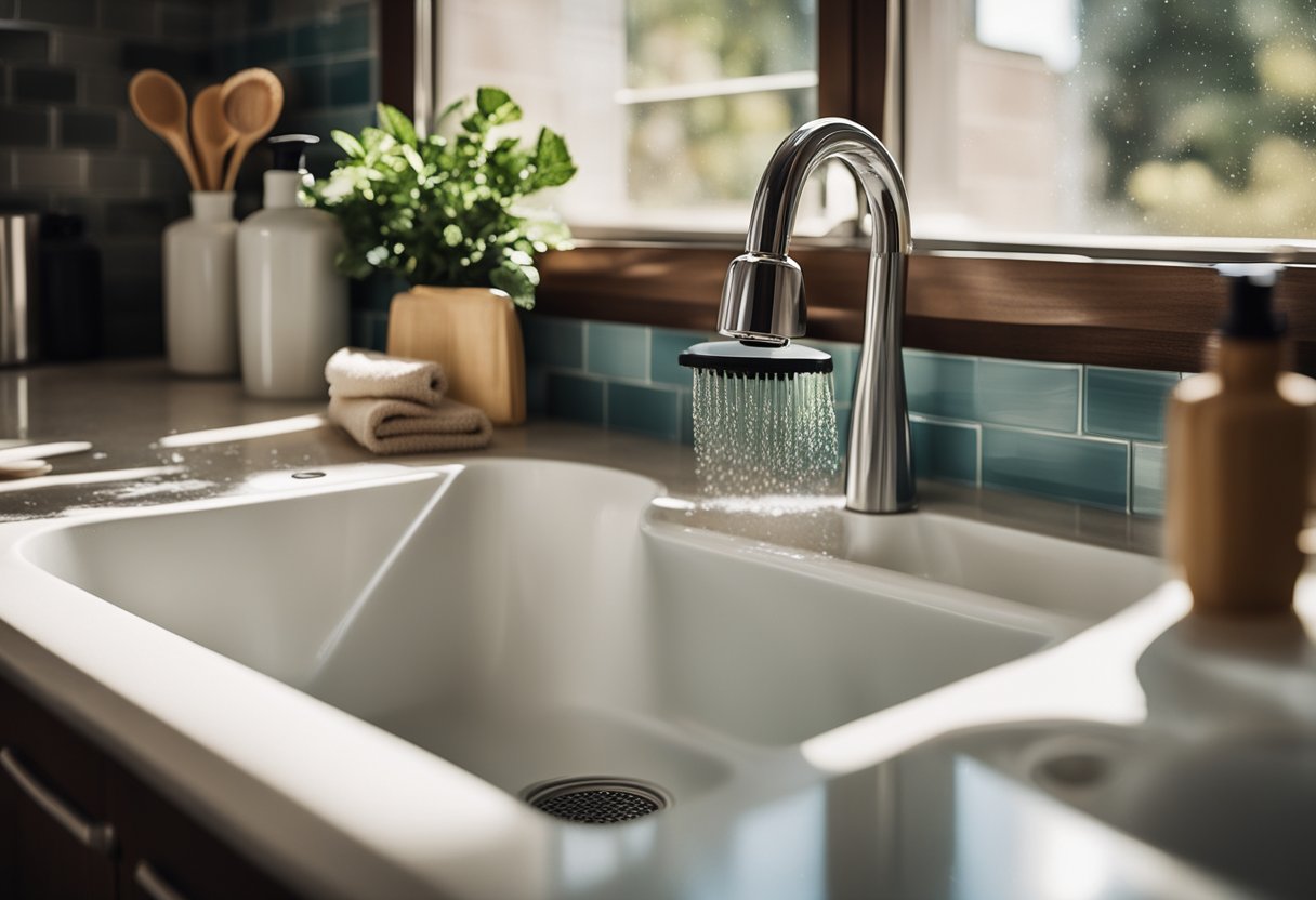 A kitchen sink filled with soapy water, scrub brush, and a stack of clean towels on the counter. A bottle of sanitizer and a cloth sitting nearby