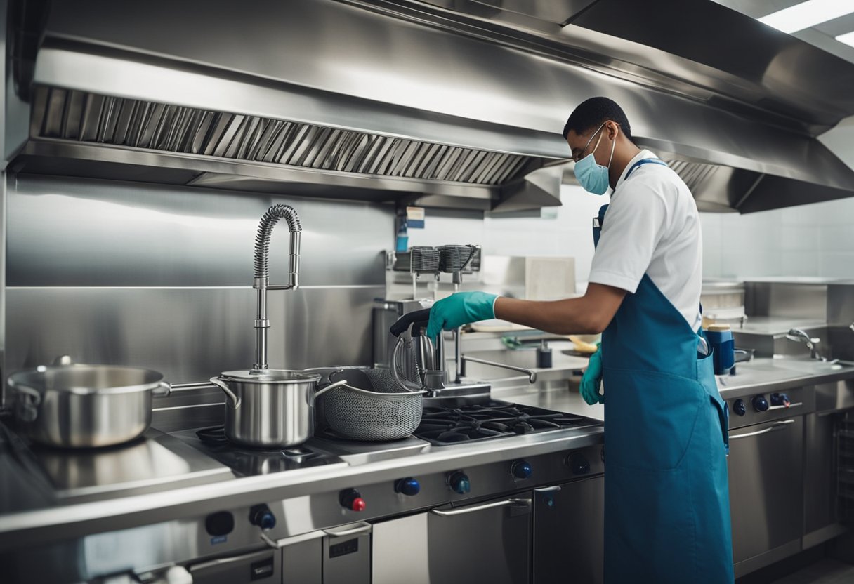 A kitchen equipment being thoroughly cleaned and sanitized according to detailed protocols to prevent contamination