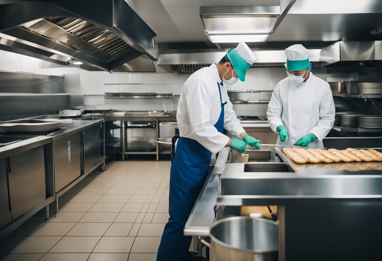 A restaurant kitchen with pest control audit in progress, inspector checking storage areas and equipment for cleanliness and pest prevention measures