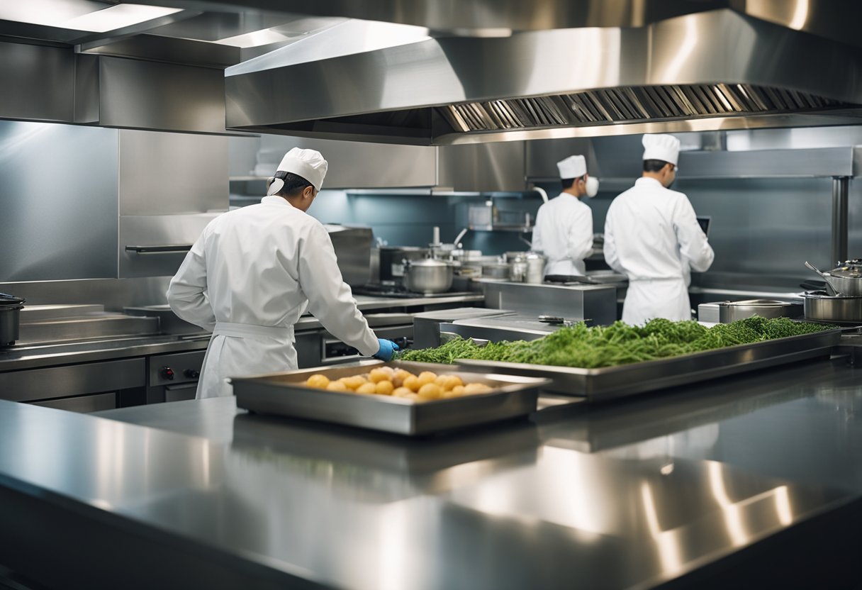 A restaurant kitchen with a pest control audit in progress, inspectors checking for cleanliness and pest prevention measures