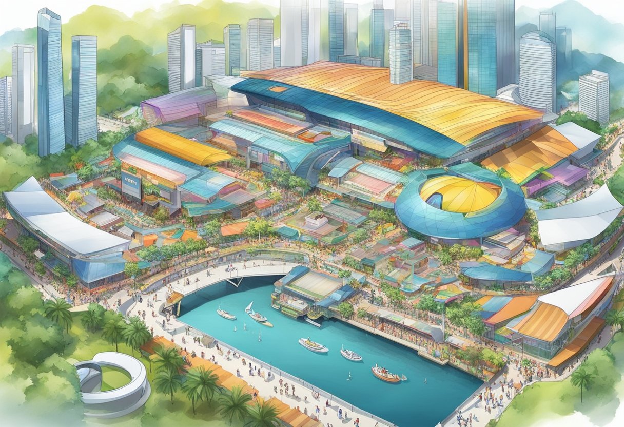 The Singapore Expo is bustling with weekend events. Bright lights, colorful banners, and busy crowds fill the expansive venue