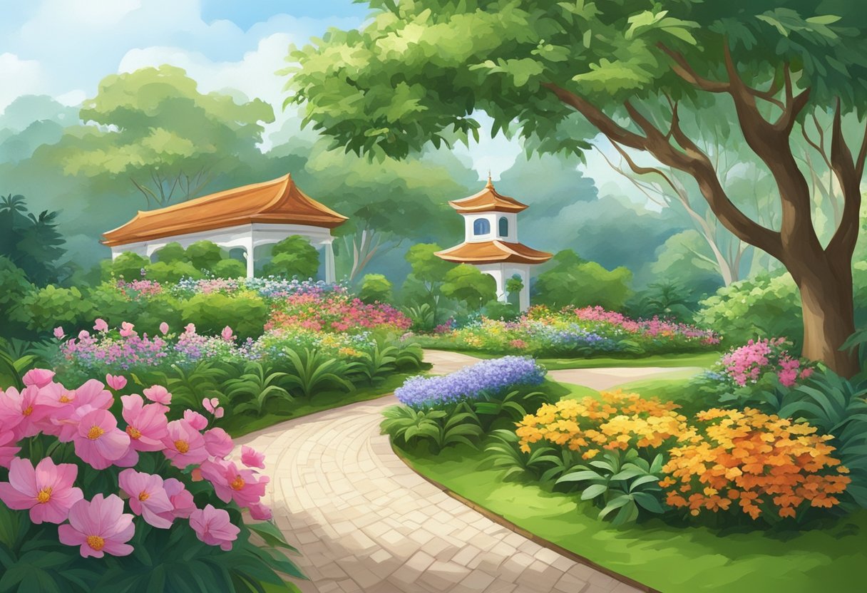 A peaceful garden with a winding path, surrounded by colorful flowers and lush greenery, leading to a welcoming entrance of Singapore Christian Home