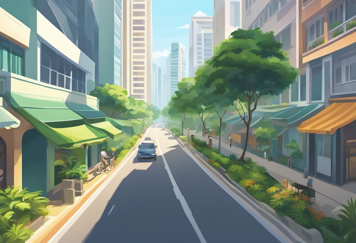 A quiet street in Singapore, with tall buildings and lush greenery lining the road. The sun casts long shadows on the pavement, creating a peaceful atmosphere