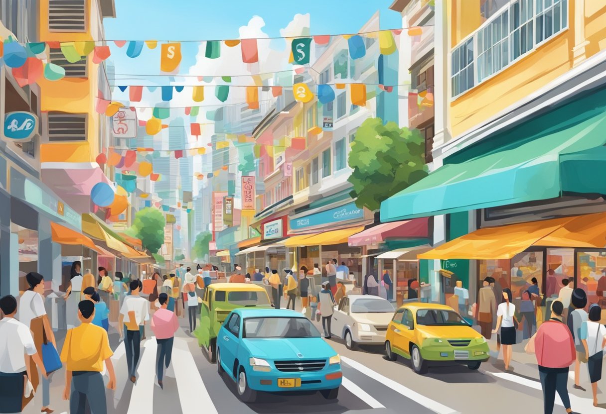 Busy street with colorful storefronts, "ABC Shop Singapore" sign, bustling crowd, and iconic architecture in the background