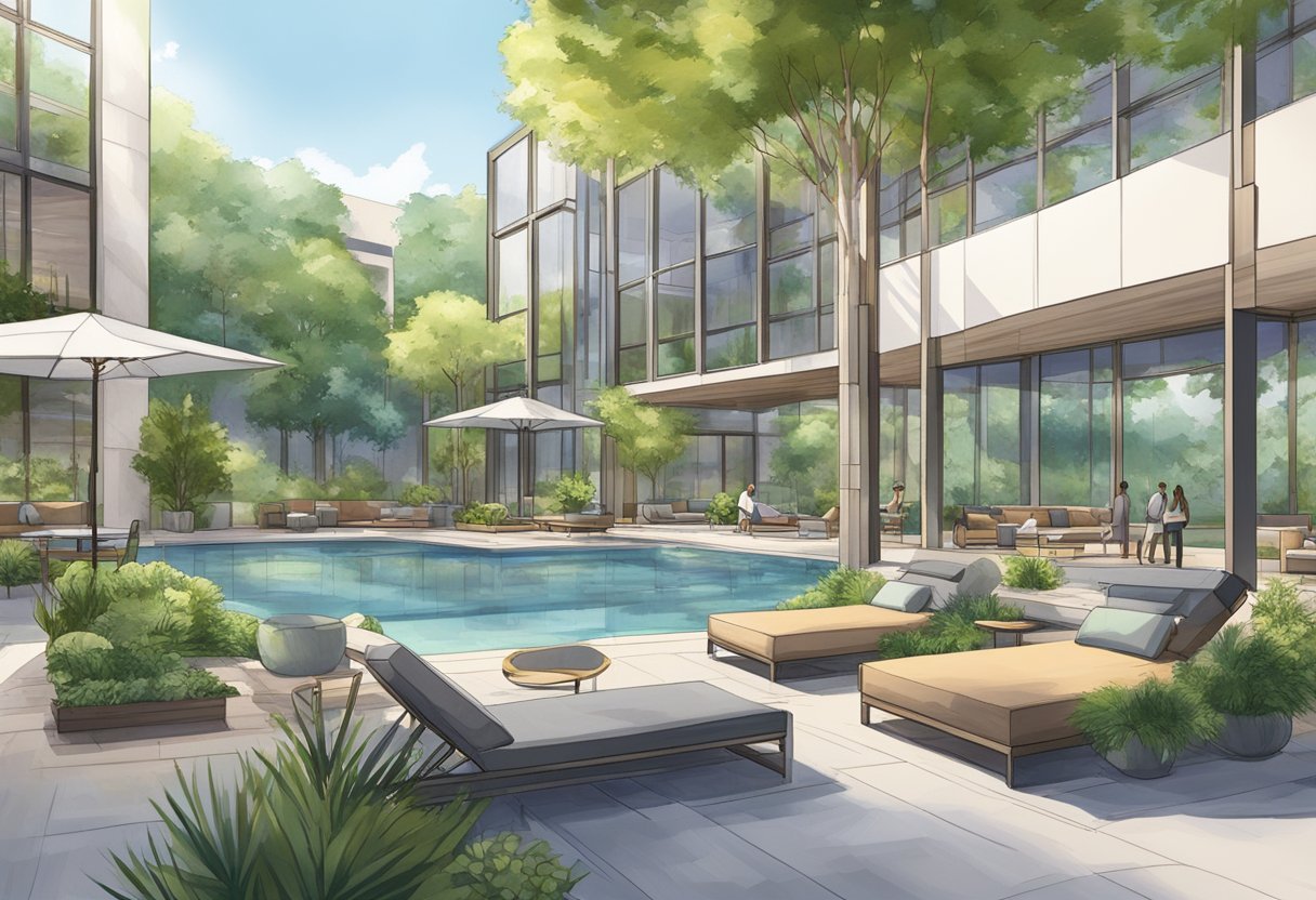 The scene depicts a modern building with lush greenery, outdoor seating, and a spacious lobby area. A swimming pool and fitness center are visible in the background