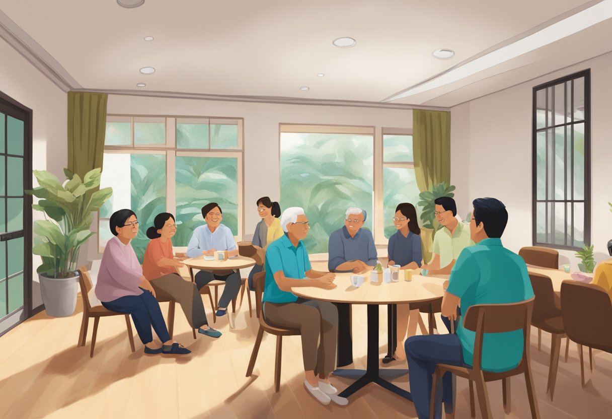 A group of people gather in a warm and welcoming space, engaging in conversation and seeking guidance at the Singapore Christian Home