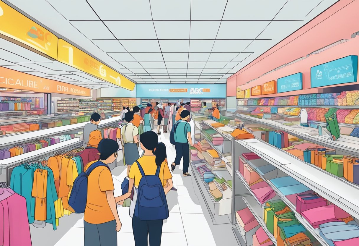 The ABC Bargain Centre in Singapore is bustling with shoppers browsing through discounted items in a brightly lit, spacious store