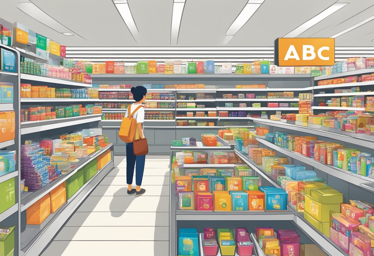 Customers browsing aisles of ABC Shop, Singapore. Brightly lit displays showcase a variety of products. A cashier rings up purchases at the counter