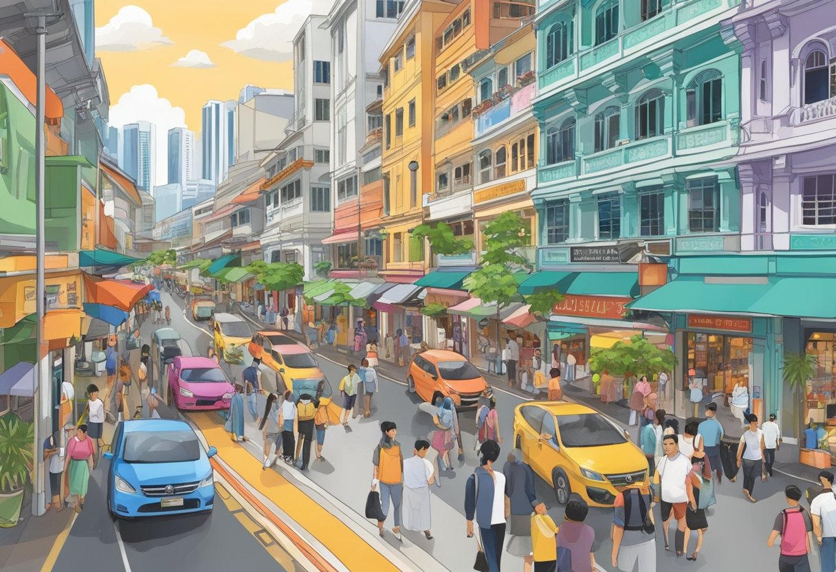 A bustling street with colorful storefronts and busy pedestrians in the heart of Singapore's Alexandra Road