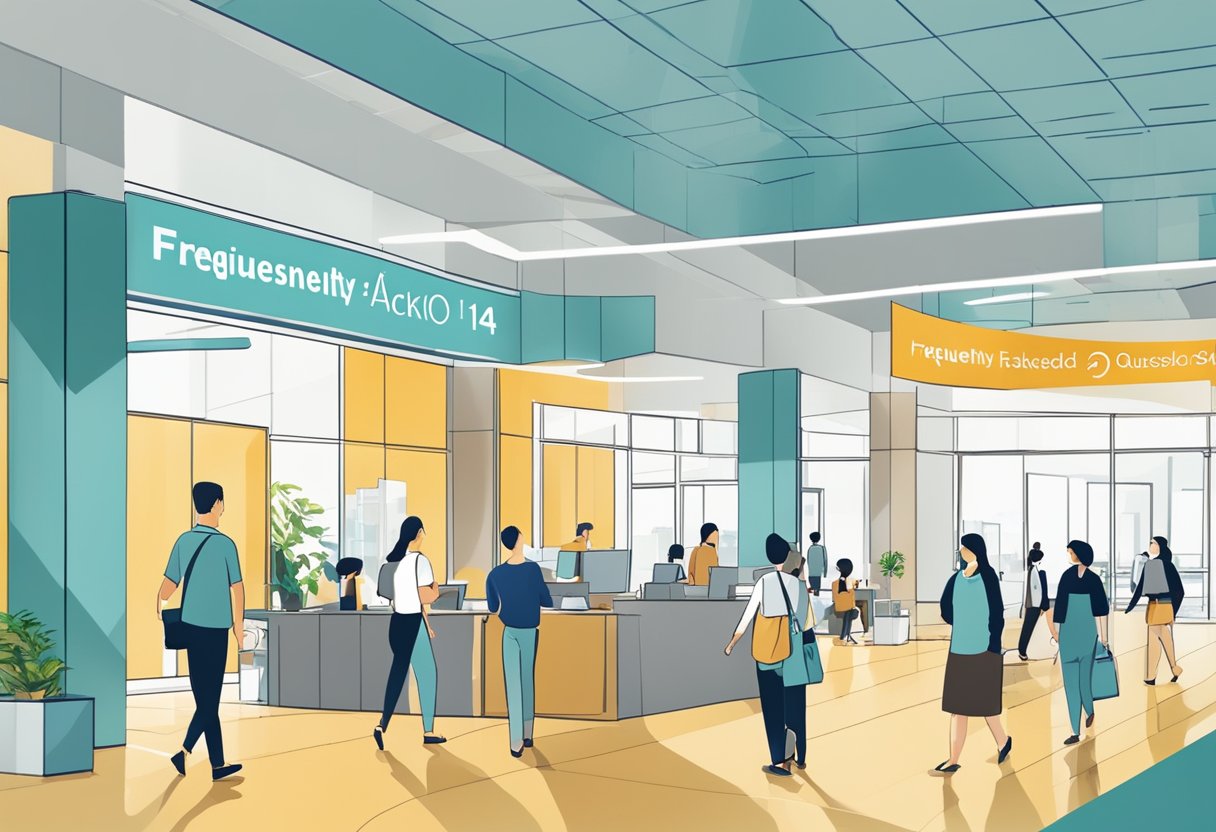 A bustling office lobby with a prominent sign reading "Frequently Asked Questions 460 Alexandra Road Singapore." People coming and going, with a sense of activity and movement