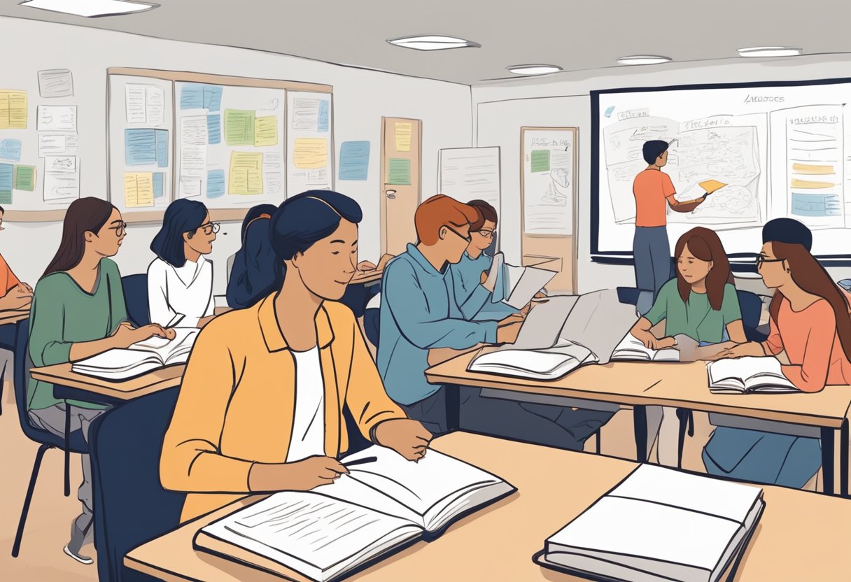 Students studying French at Alliance Française de Singapour, surrounded by textbooks and whiteboards, engaged in conversation and writing exercises