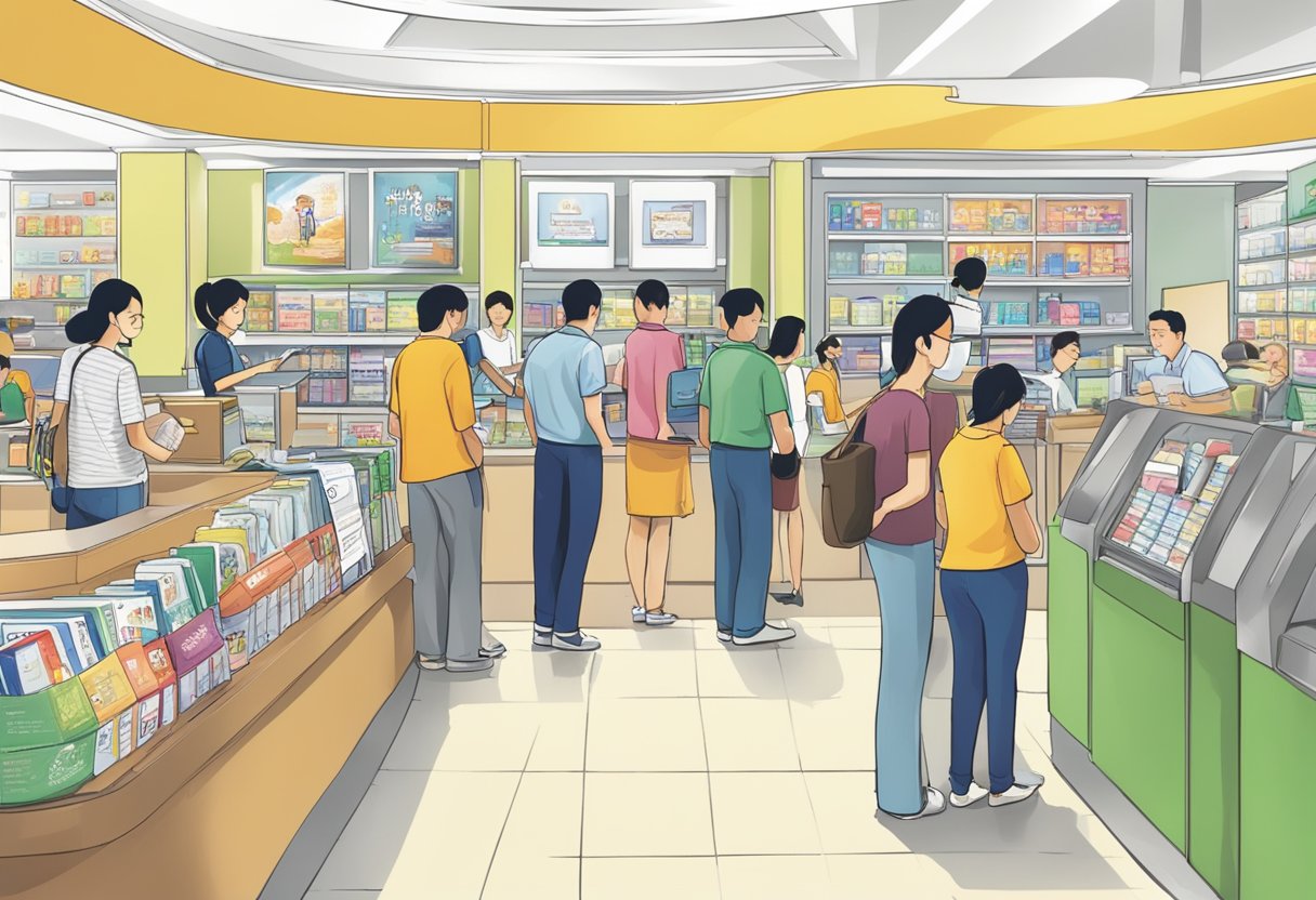 Customers lining up at the information counter, browsing through brochures, and staff assisting with inquiries at the "Frequently Asked Questions" section of abc shop Singapore