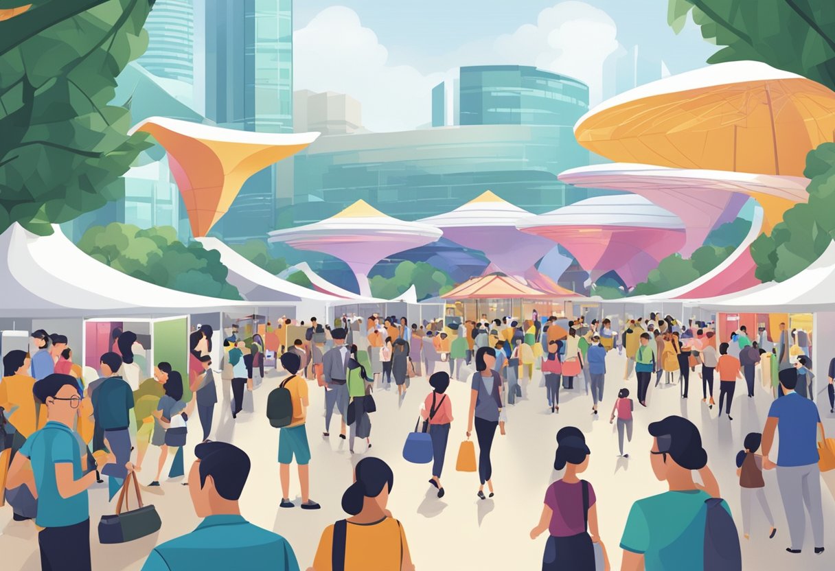 A bustling Singapore Expo with event signs and crowds