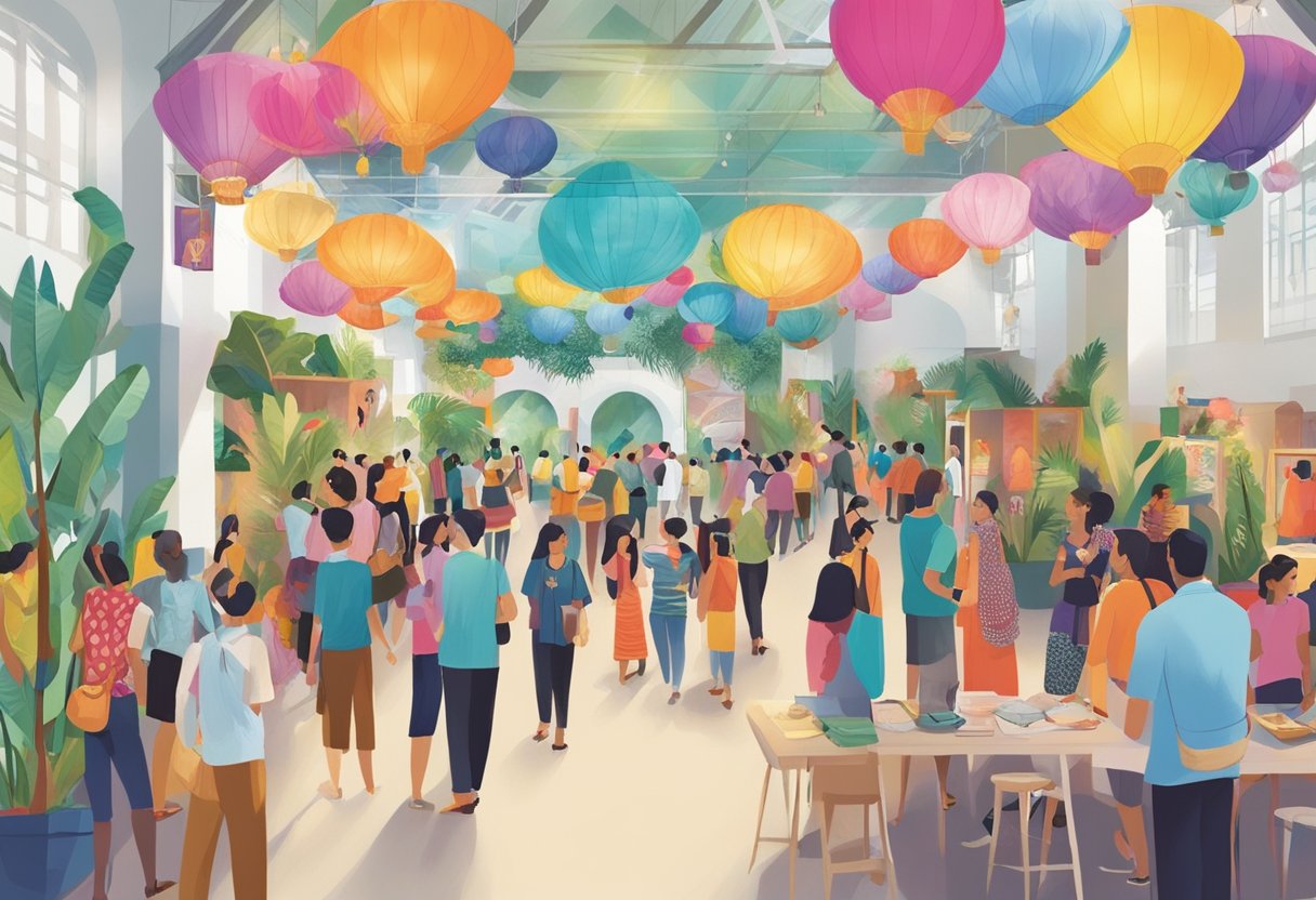 Vibrant cultural events and exhibitions at Alliance Francaise Singapore. Colorful displays and engaged audiences fill the space