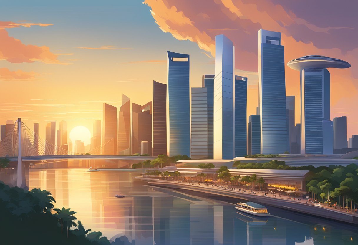 The sun sets over the iconic skyline of Singapore, casting a warm glow over the city's futuristic architecture and bustling streets