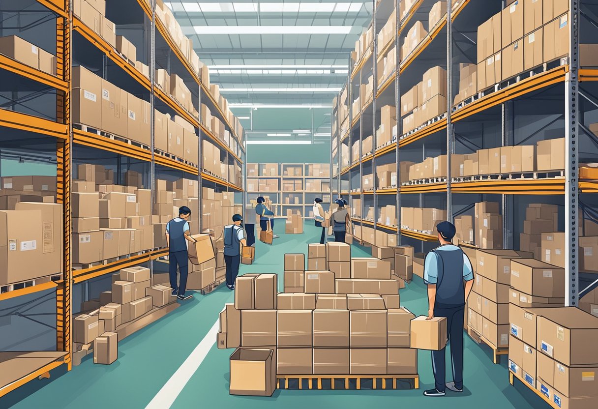 A bustling warehouse in Singapore, filled with shelves of products ready for shipping. A team of workers diligently packing and labeling items for dropshipping