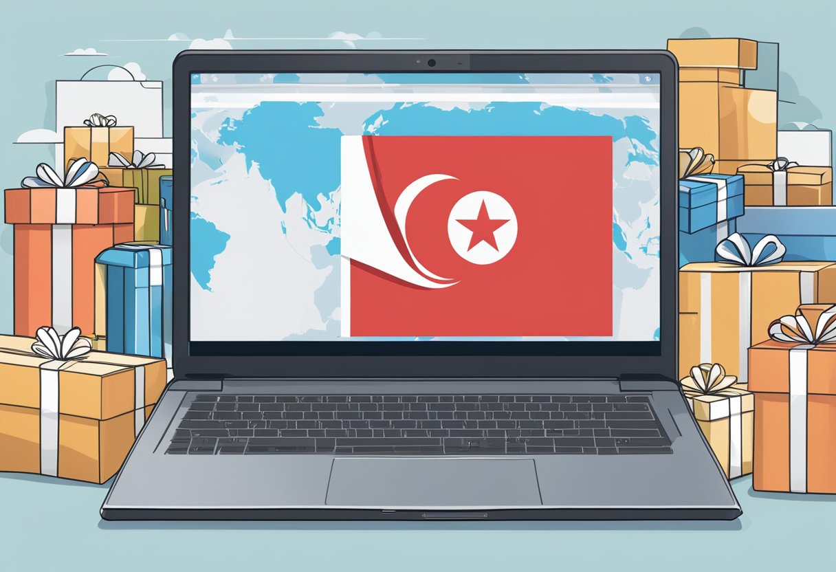 A laptop with a Singapore flag on the screen, surrounded by packages and a world map