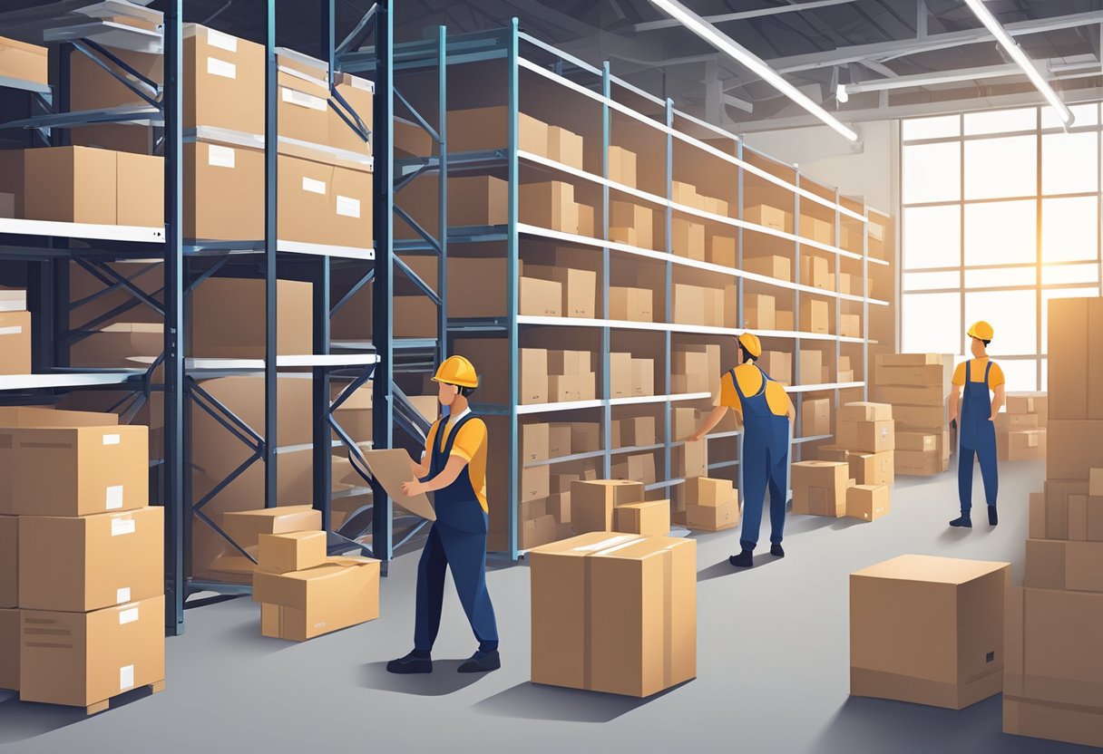 A warehouse with organized shelves, a computerized inventory system, and a team of workers fulfilling orders for dropshipping in Singapore