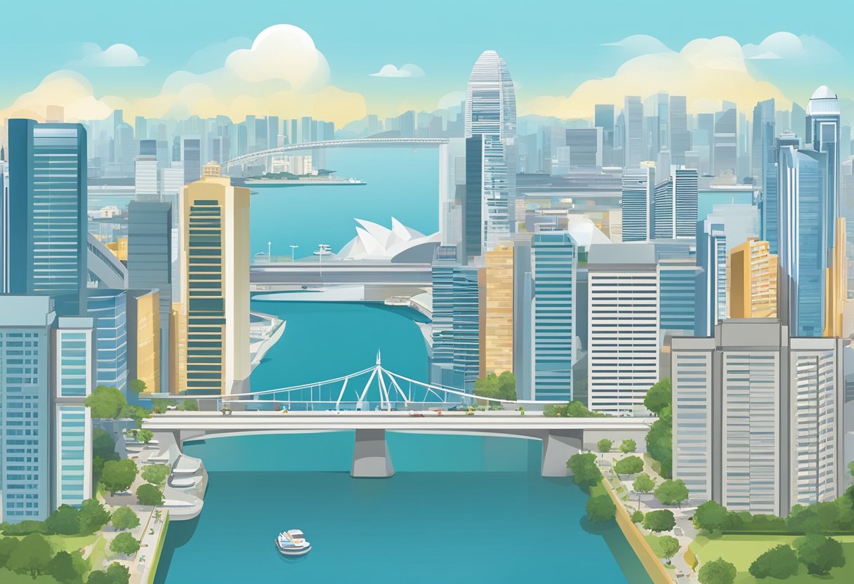 The clock in Singapore shows 3:00 PM, with a backdrop of the city skyline and a clear blue sky