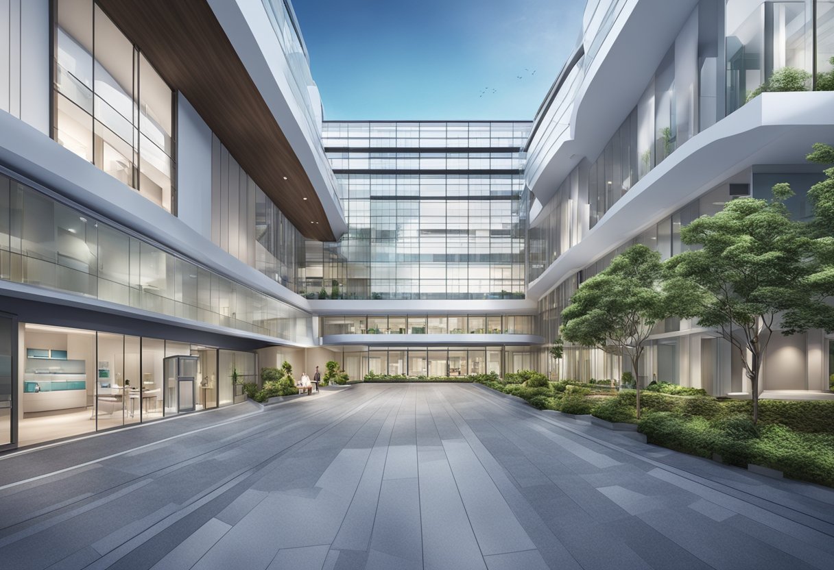 A modern medical facility in Singapore, with sleek architecture and signage for "Singapore Medical Group Limited."