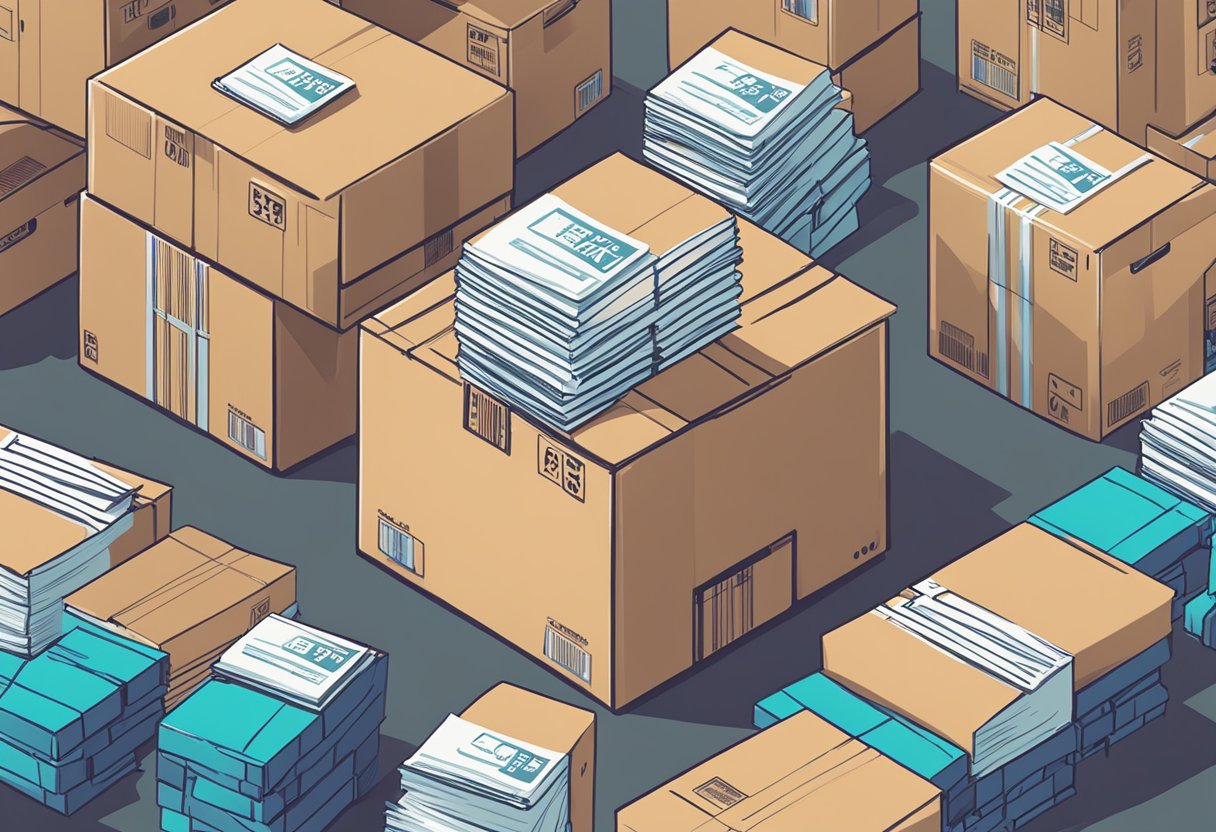 A stack of FAQ cards with "Dropshipping Singapore" on top, surrounded by shipping boxes and a laptop