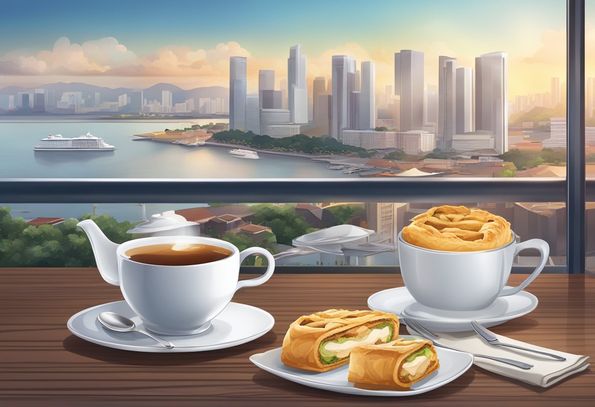 A table set with a warm apple strudel in Singapore, surrounded by a cup of steaming tea and a view of the city skyline