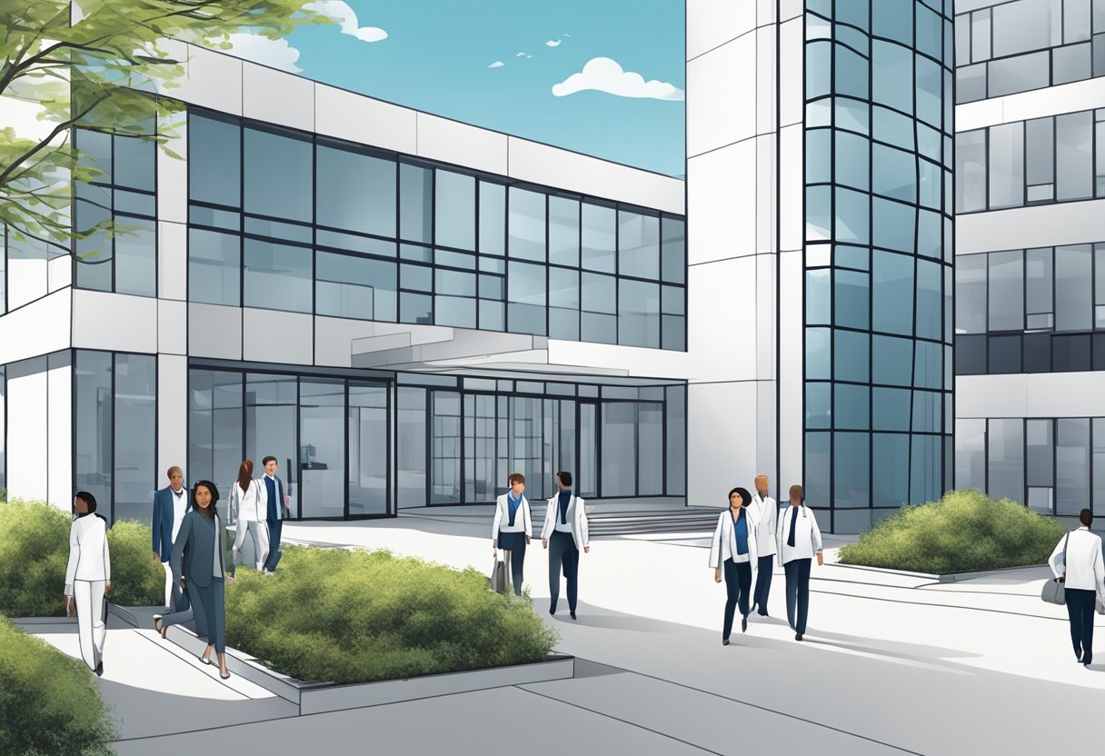 A modern office building with the company logo prominently displayed. A group of medical professionals in white coats can be seen entering and exiting the building