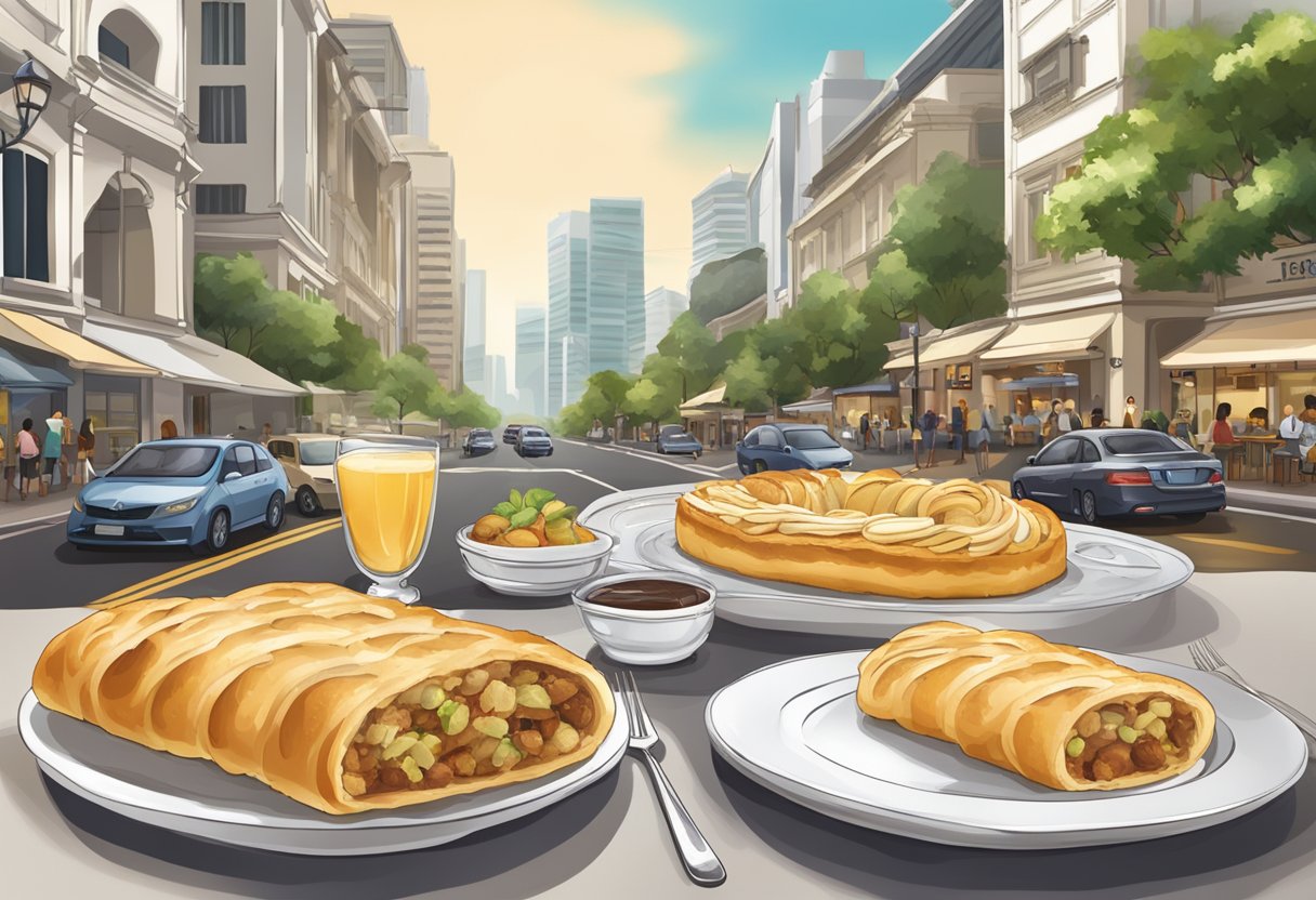 A table set with warm apple strudel, surrounded by bustling streets in Singapore