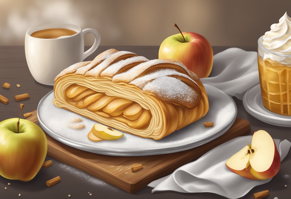 A cozy bakery display showcases a golden-brown apple strudel, surrounded by a sprinkle of powdered sugar and a dollop of whipped cream