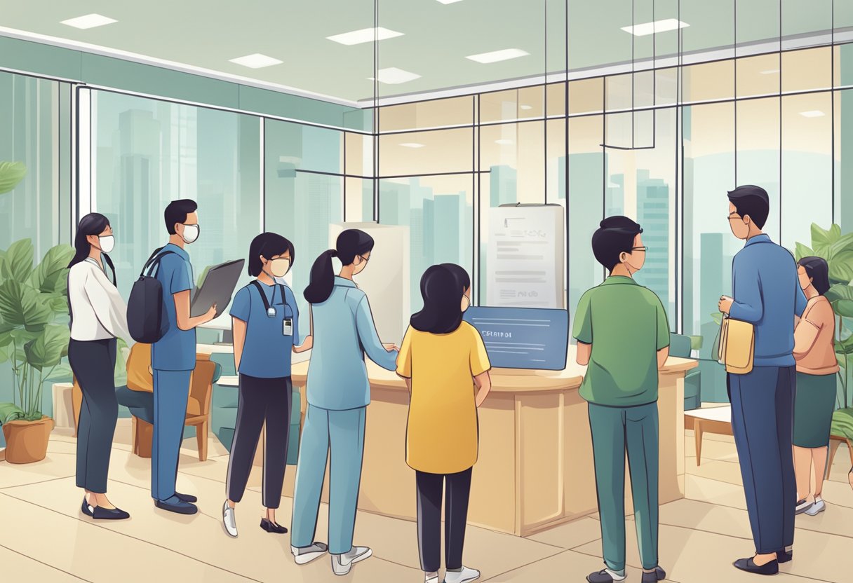 A group of people gathered around a sign that reads "Frequently Asked Questions" at the Singapore Medical Group Limited
