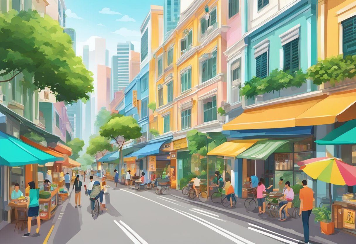 A bustling street in Singapore, with colorful shop fronts and vibrant signs, surrounded by lush greenery and bustling with activity