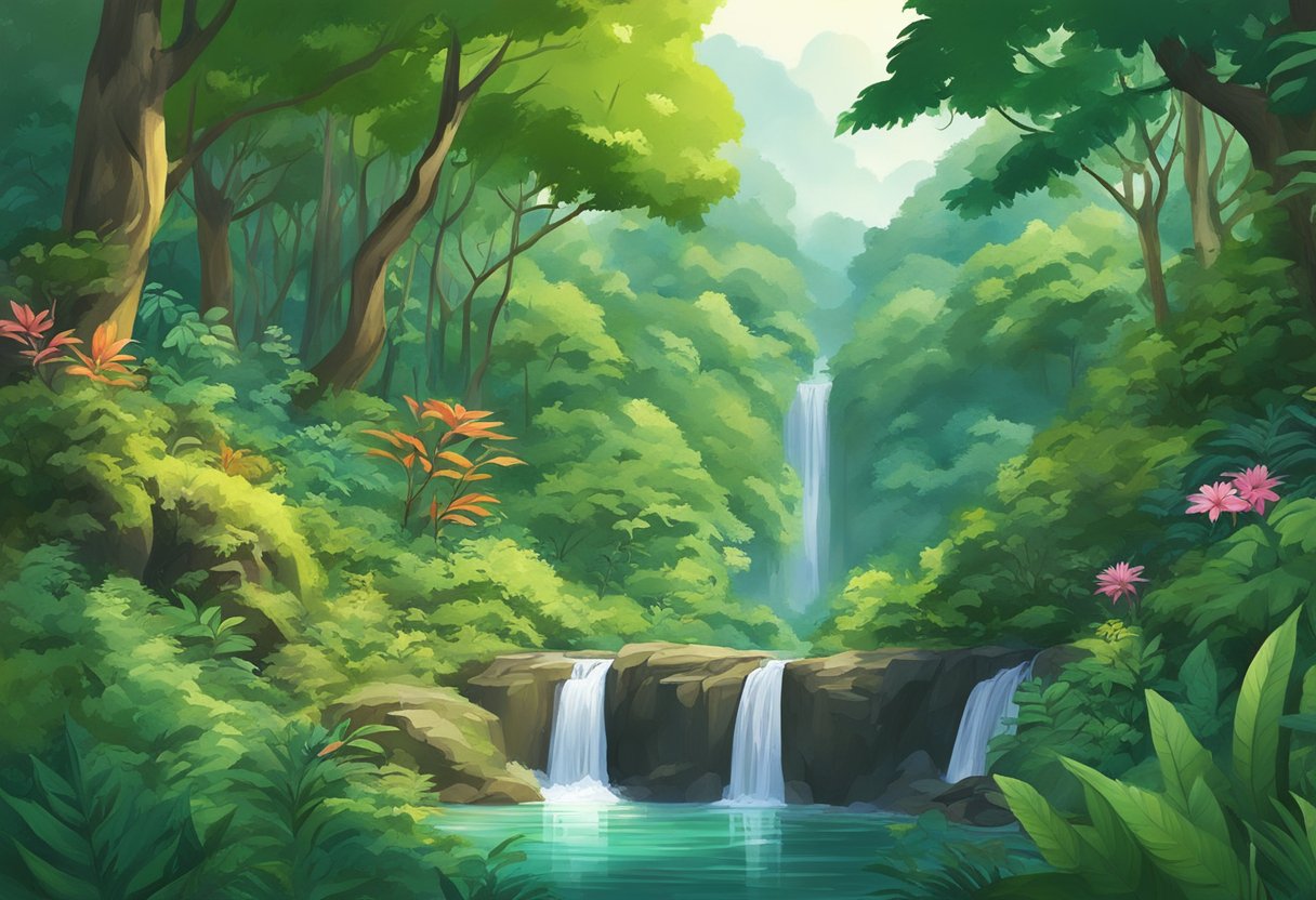 A lush, green forest with a hidden waterfall, surrounded by vibrant flora and fauna, awaits discovery at Ashino Ashino Singapore