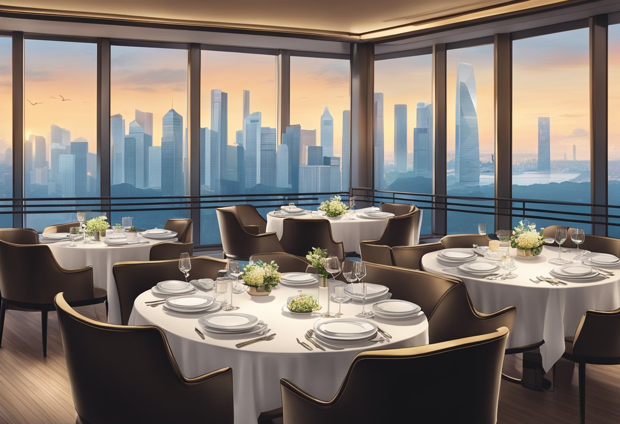 A table set with elegant dinnerware at Ashino Singapore, with a panoramic view of the city skyline through the restaurant's floor-to-ceiling windows