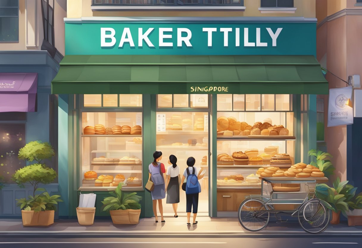 A bustling bakery with a sign reading "Baker Tilly Singapore" in a vibrant city setting