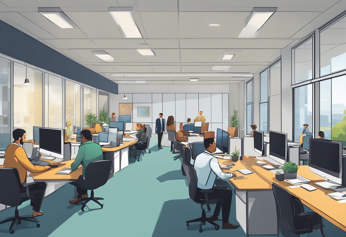 A bustling office with employees collaborating at their desks, while others engage in meetings and discussions. The company logo prominently displayed on the wall