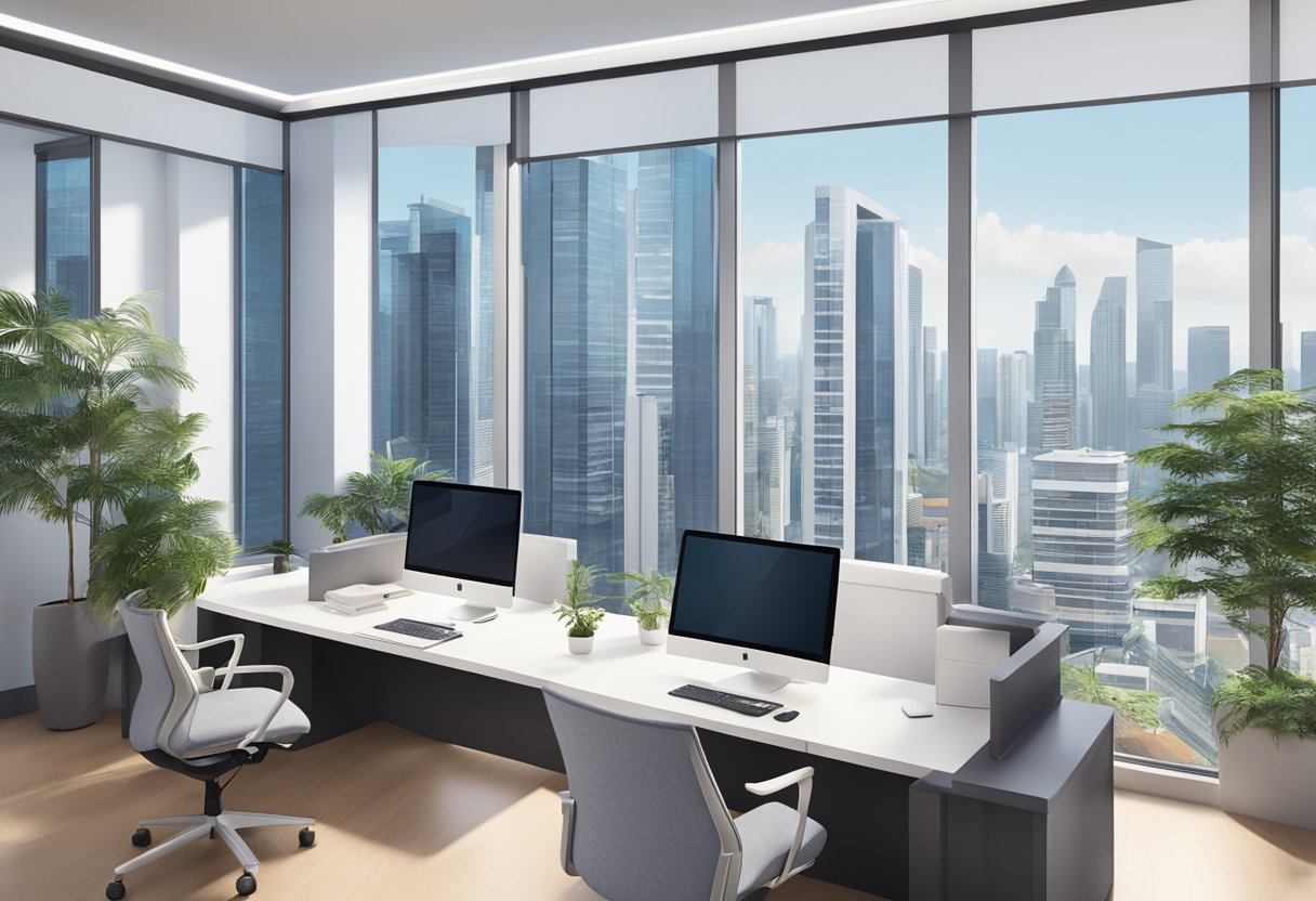 A modern office space at Baxter Healthcare Singapore, with sleek furniture and large windows overlooking the city skyline