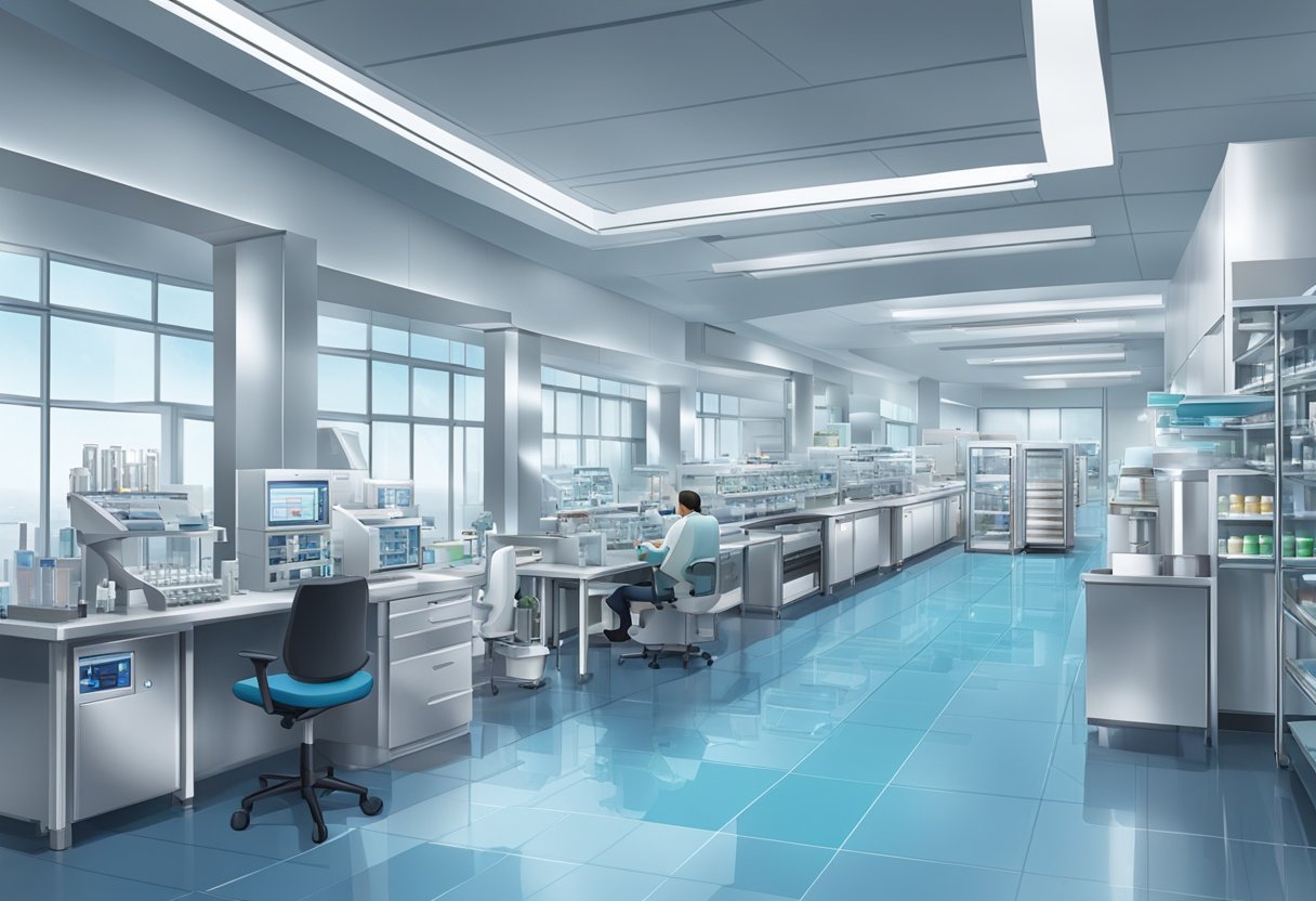 A modern, bustling pharmaceutical facility in Singapore, with sleek architecture and state-of-the-art equipment