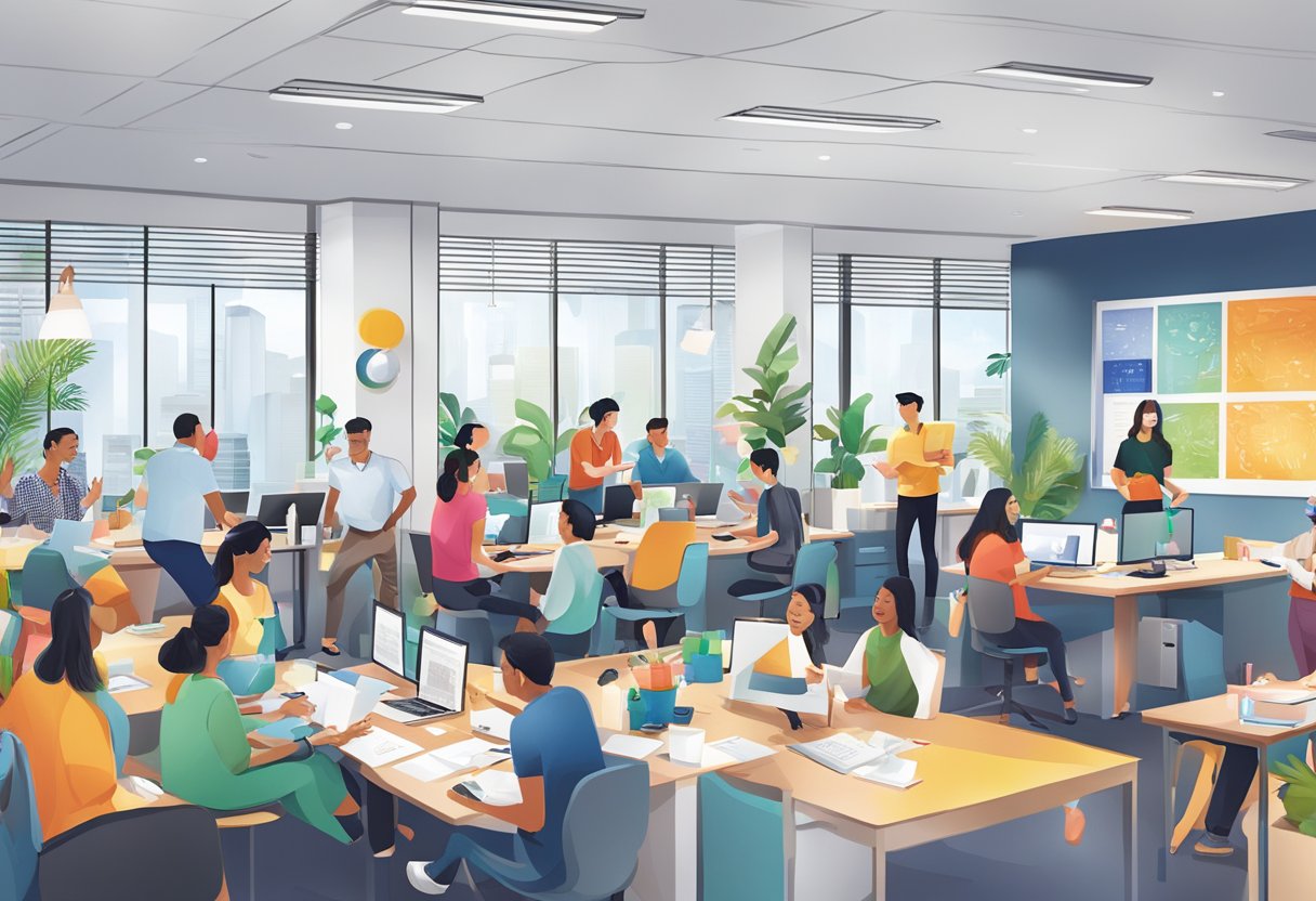 A bustling office with diverse employees collaborating, celebrating cultural festivals, and engaging in team-building activities at Baker Tilly Singapore