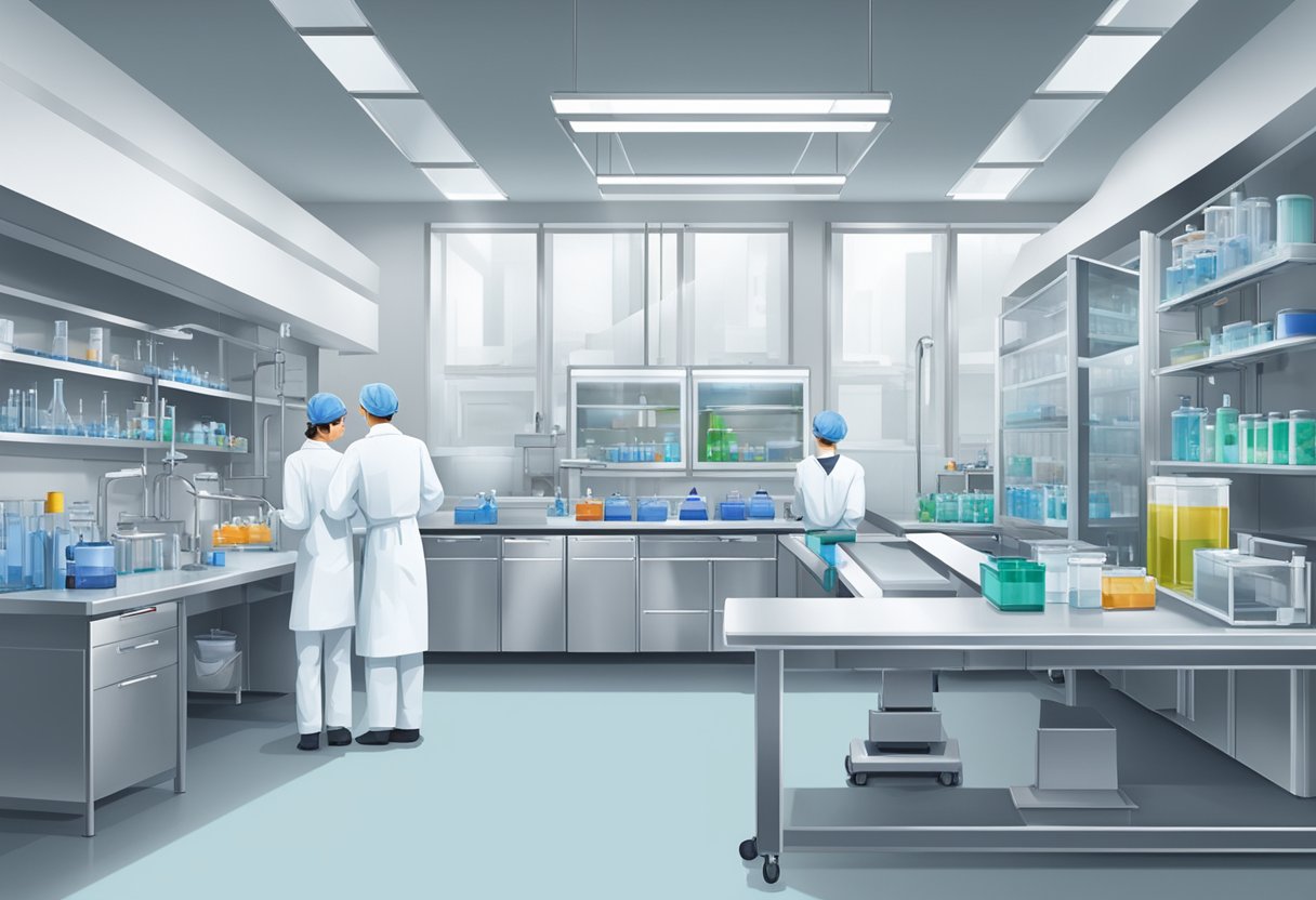 A modern, sterile laboratory setting with state-of-the-art equipment and meticulous attention to detail. Labels and signage emphasize quality and safety standards