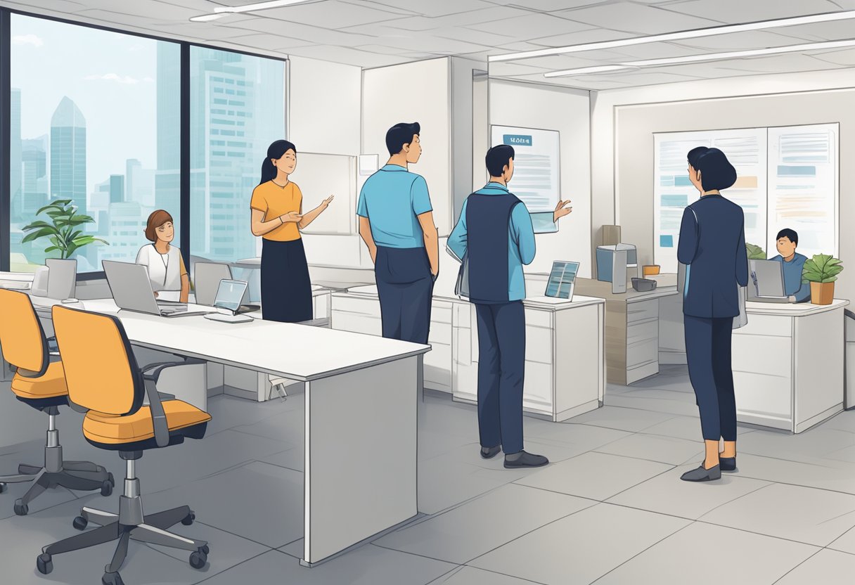 A group of people at a Baxter Healthcare office in Singapore, with a sign reading "Frequently Asked Questions" prominently displayed