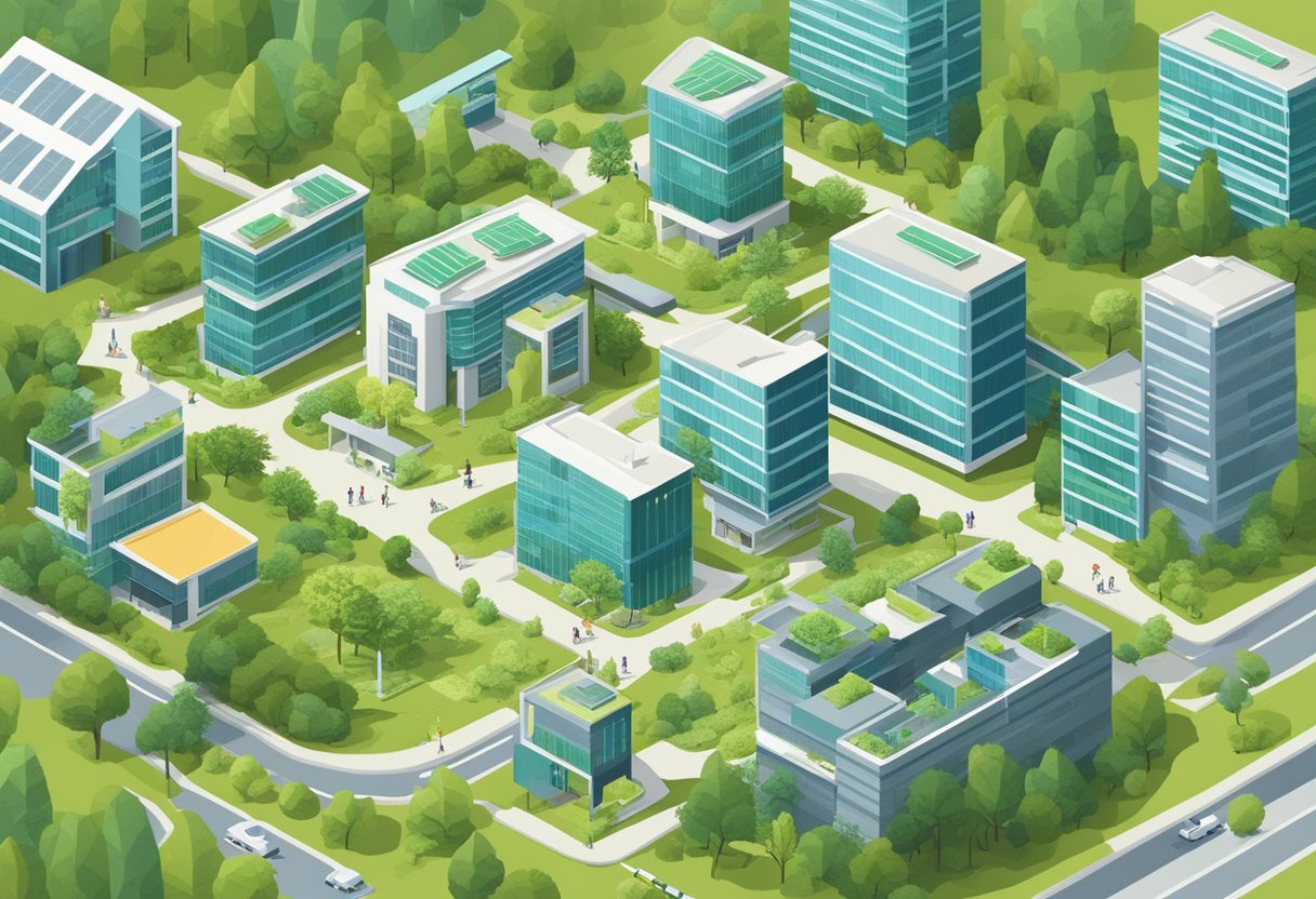 A bustling science park with modern buildings and lush greenery, featuring a prominent "Frequently Asked Questions" sign
