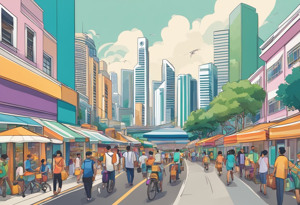 A bustling street in Singapore, lined with colorful shopfronts and bustling with people. The iconic skyline of the city looms in the background, with the famous Marina Bay Sands hotel and the Singapore Flyer towering above the cityscape
