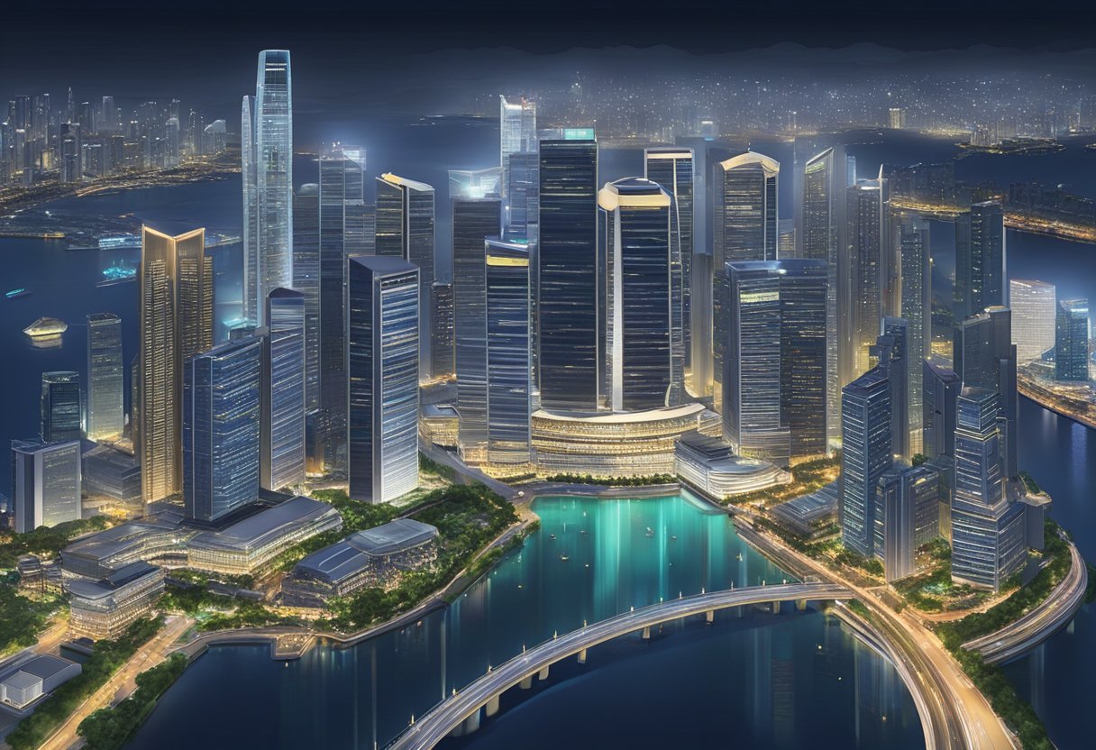 Aerial view of Black Marble Singapore skyline at night, with illuminated skyscrapers and reflections in the water